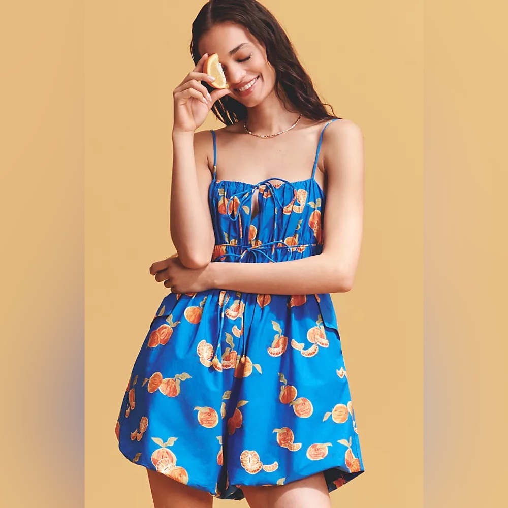 Farm Rio x Anthropologie Orange Printed Smocked Sleeveless Romper Sz M